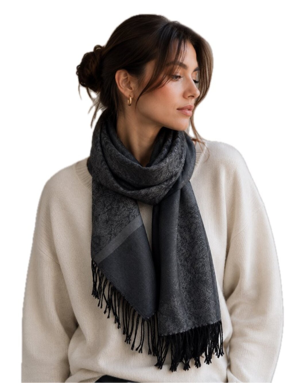 Slate Black Paisley Pashmina Scarf Black Fringe Pashmina & Silk